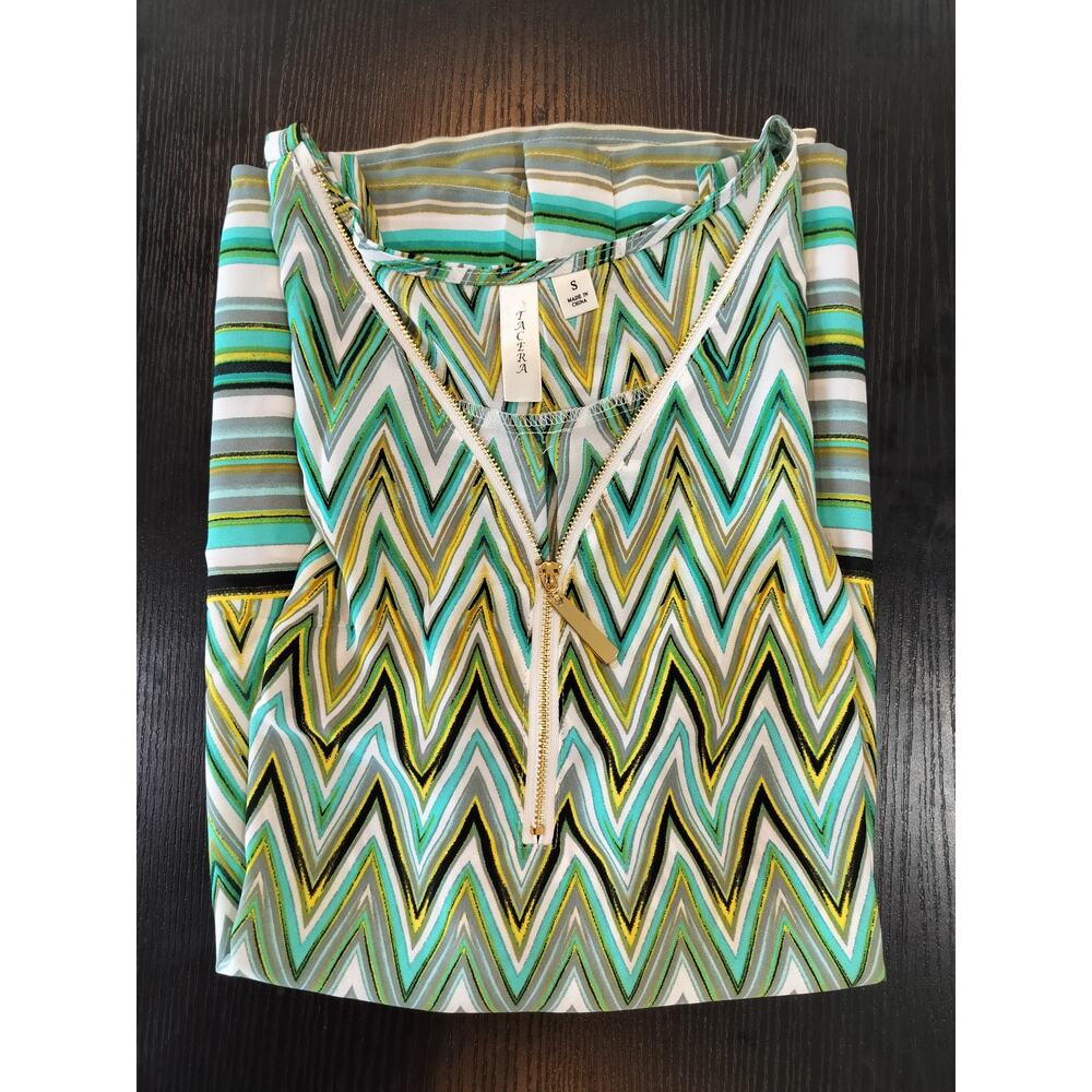 Tacera Women’s Small Green Chevron Sleeveless Blouse Gold Zip V-Neck Top - Picture 4 of 7